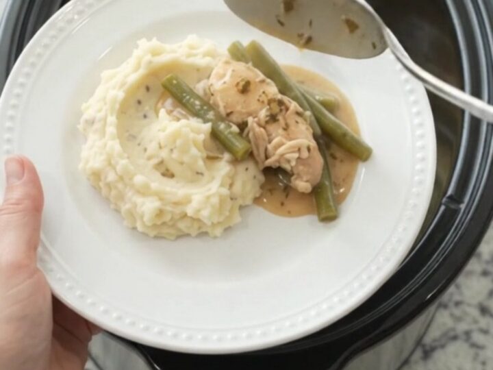 Slow cooker chicken tenders and green beans in a creamy Swiss sauce
