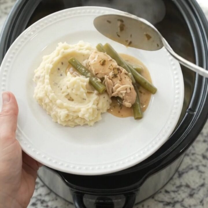 Slow cooker chicken tenders and green beans in a creamy Swiss sauce
