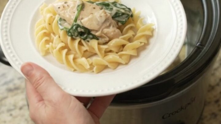Creamy Crockpot chicken with spinach and artichokes in a white bowl