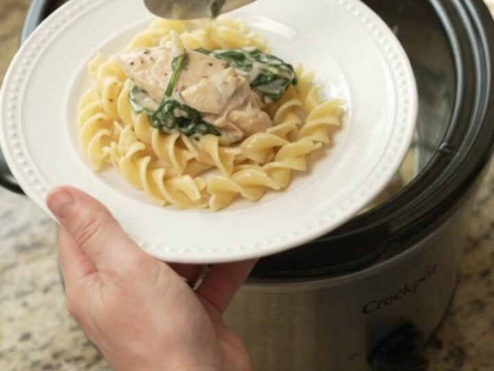 Creamy Crockpot chicken with spinach and artichokes in a white bowl