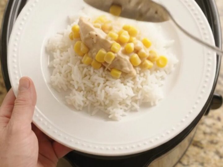 Golden cheddar sweet corn chicken tenders in a slow cooker, creamy and bubbling.