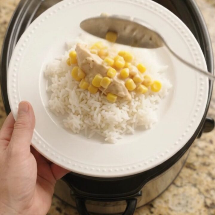 Golden cheddar sweet corn chicken tenders in a slow cooker, creamy and bubbling.