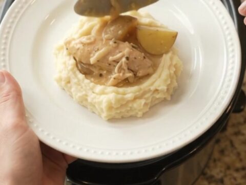 Slow cooker with creamy chicken and potatoes in golden mushroom sauce