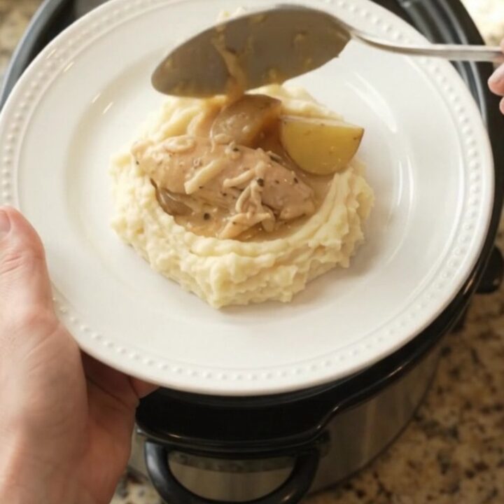 Slow cooker with creamy chicken and potatoes in golden mushroom sauce