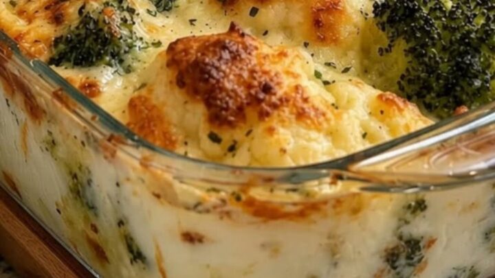 A steaming portion of broccoli and cauliflower Alfredo bake being lifted from a glass dish with a metal spatula.