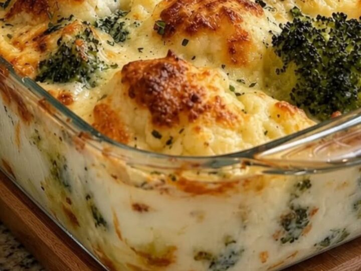 A steaming portion of broccoli and cauliflower Alfredo bake being lifted from a glass dish with a metal spatula.