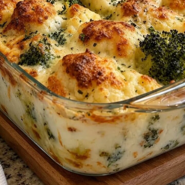 A steaming portion of broccoli and cauliflower Alfredo bake being lifted from a glass dish with a metal spatula.