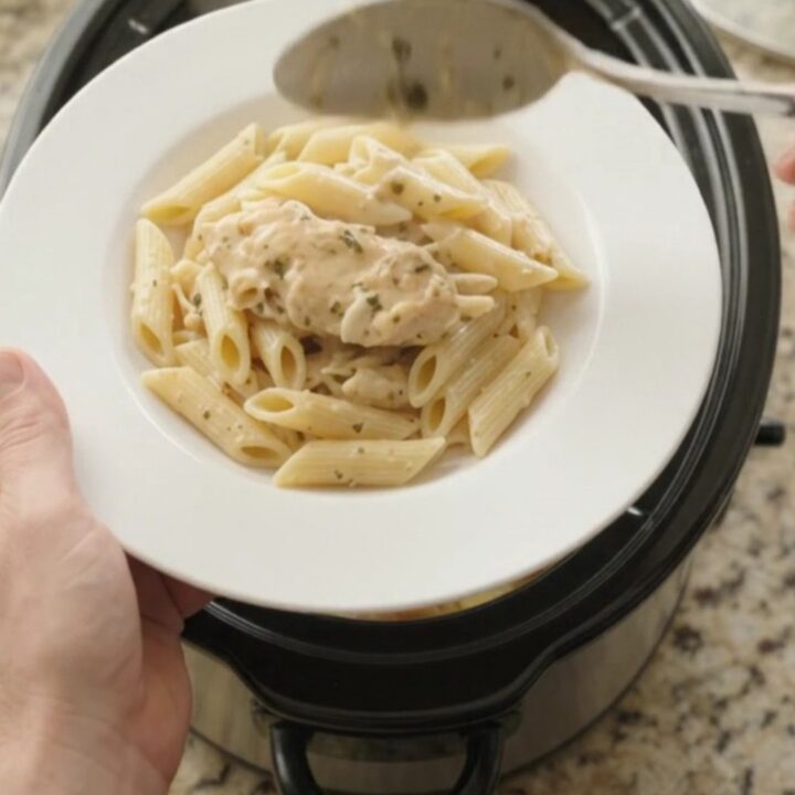Slow cooker chicken and potatoes with creamy sauce, topped with melted cheese.