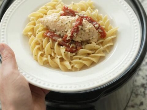 Slow cooker chicken tenders in creamy Parmesan sauce with sun-dried tomatoes