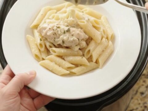 Slow cooker chicken tenders with cauliflower in a creamy mozzarella sauce