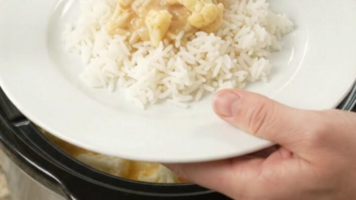 Slow cooker full of golden cheddar chicken and cauliflower in creamy sauce