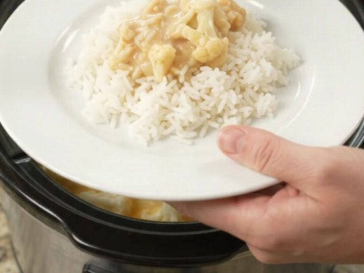 Slow cooker full of golden cheddar chicken and cauliflower in creamy sauce