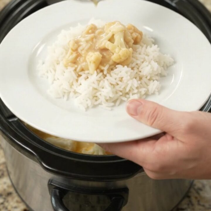 Slow cooker full of golden cheddar chicken and cauliflower in creamy sauce