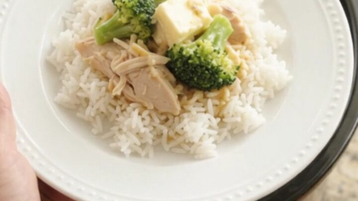 Slow cooker turkey breast and broccoli in a creamy cheddar sauce, ready to serve