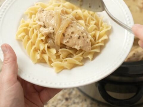 Slow cooker chicken tenders in a creamy Parmesan and onion gravy, topped with caramelized onions.