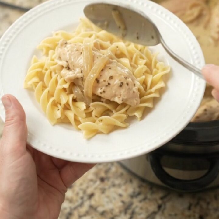 Slow cooker chicken tenders in a creamy Parmesan and onion gravy, topped with caramelized onions.