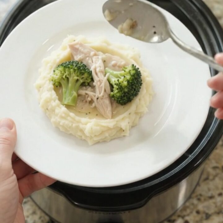 Slow cooker filled with creamy Swiss broccoli turkey breast, bubbling and steaming