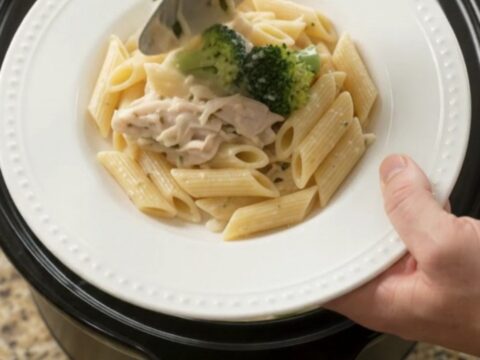 Slow cooker turkey and broccoli in creamy mozzarella sauce, ready to serve