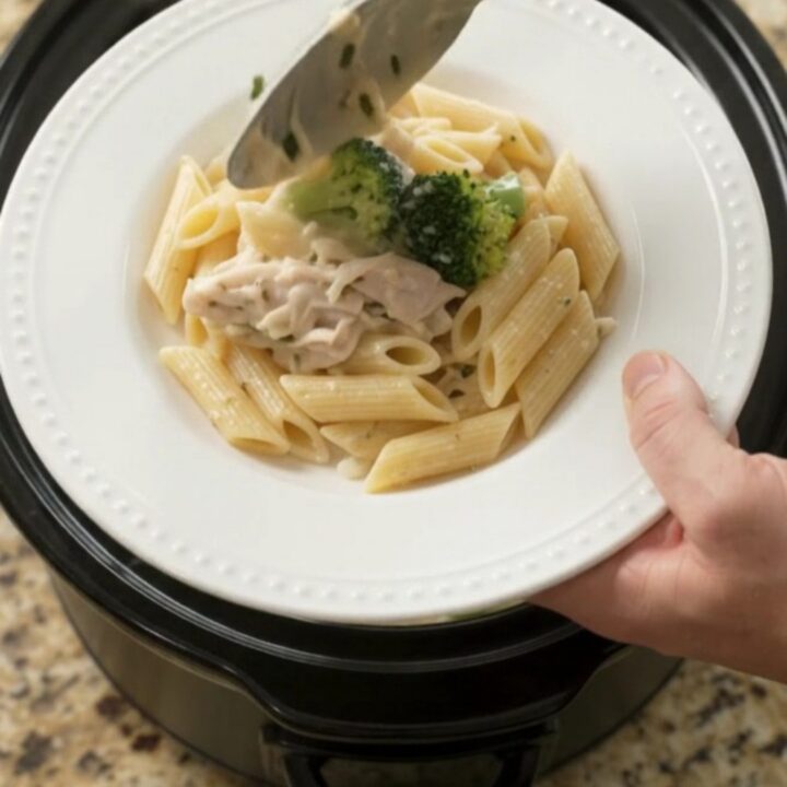 Slow cooker turkey and broccoli in creamy mozzarella sauce, ready to serve