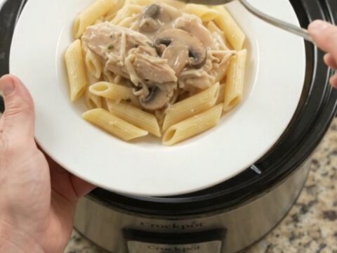 Slow cooker full of creamy turkey and mushrooms with melted mozzarella