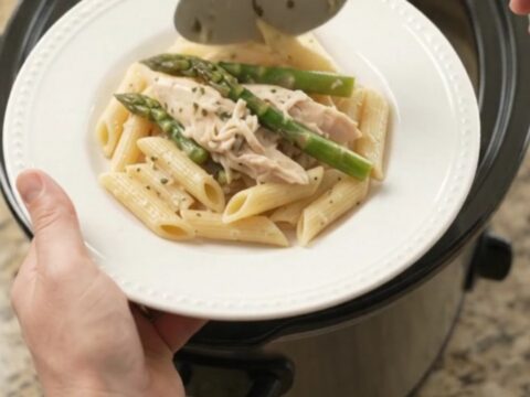Slow cooker turkey and asparagus in creamy mozzarella sauce