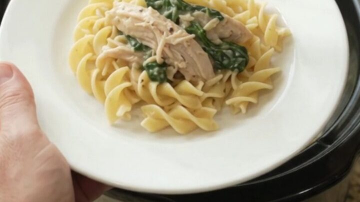 Creamy slow cooker turkey with spinach and artichokes in a white bowl, topped with Parmesan