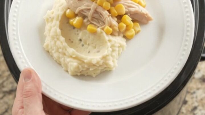 Slow cooker turkey breast with creamy Swiss corn sauce, served on a plate with mashed potatoes.