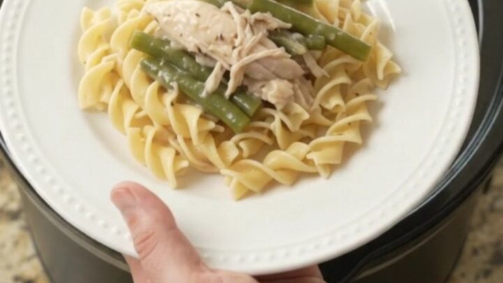 Slow cooker with creamy turkey and green beans in a rich Parmesan sauce
