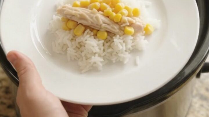 Shredded turkey and sweet corn in creamy cheddar sauce in a slow cooker