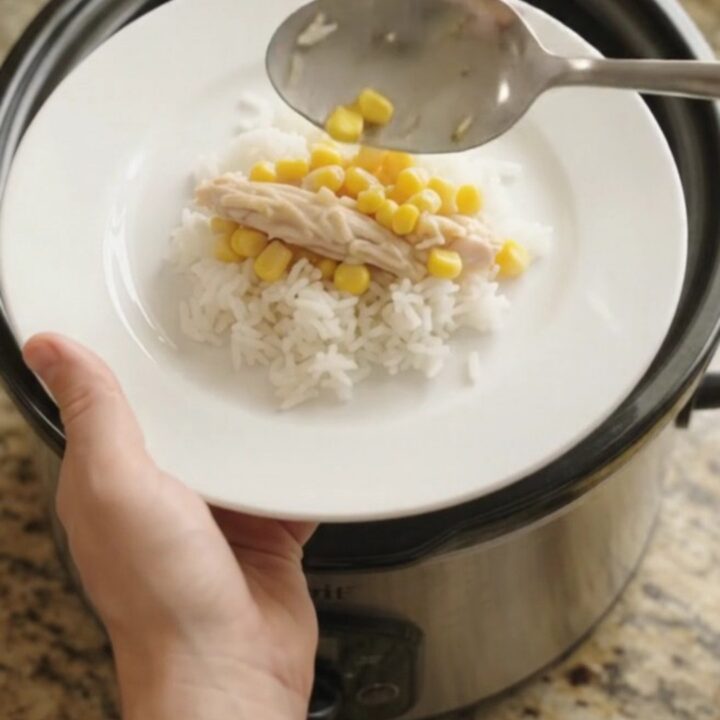 Shredded turkey and sweet corn in creamy cheddar sauce in a slow cooker