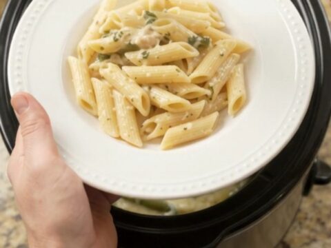 Slow cooker full of creamy mozzarella turkey and green beans, with steam rising