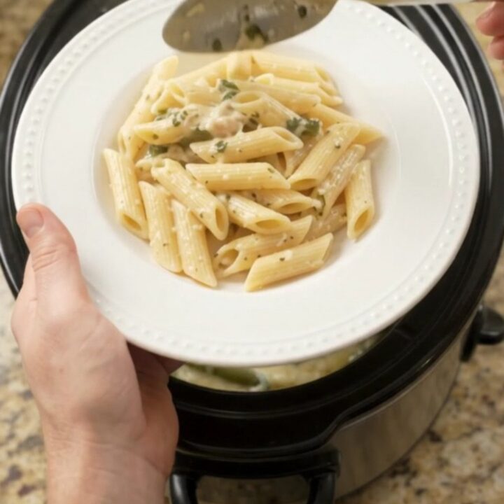 Slow cooker full of creamy mozzarella turkey and green beans, with steam rising