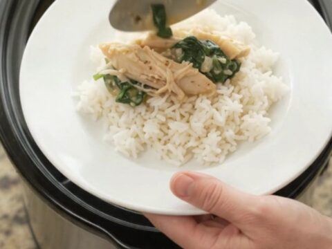 Slow cooker filled with creamy shredded turkey, spinach, artichokes, and melted cheddar cheese