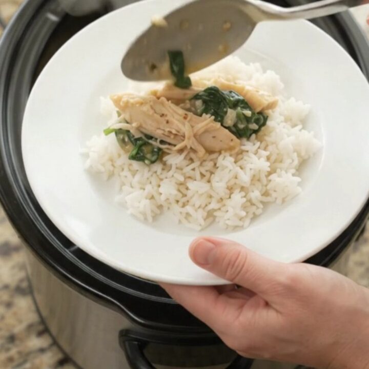Slow cooker filled with creamy shredded turkey, spinach, artichokes, and melted cheddar cheese