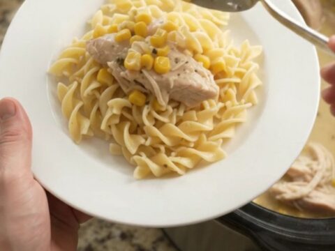 Slow cooker turkey and corn in creamy Parmesan sauce, ready to serve