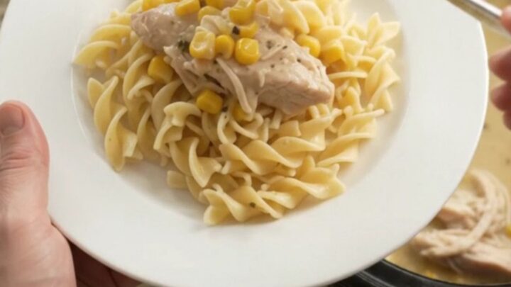 Slow cooker turkey and corn in creamy Parmesan sauce, ready to serve