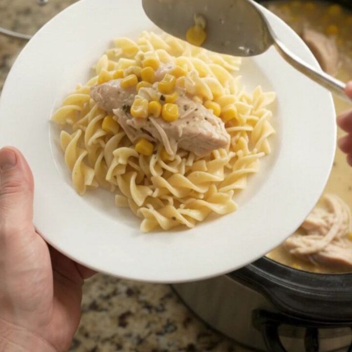 Slow cooker turkey and corn in creamy Parmesan sauce, ready to serve