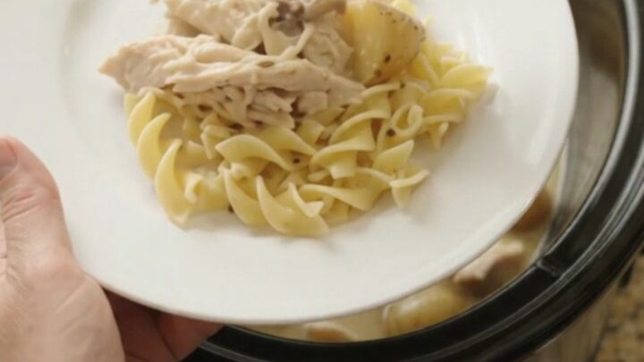 Slow cooker turkey breast and baby potatoes in creamy Parmesan gravy