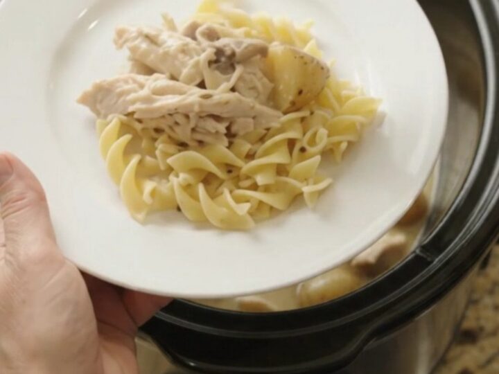 Slow cooker turkey breast and baby potatoes in creamy Parmesan gravy