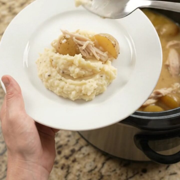 Slow cooker with creamy Swiss turkey and baby potatoes, bubbling sauce, top view