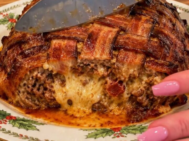 A golden-brown bacon-wrapped meatloaf on a festive holly-patterned plate with visible melted cheese.