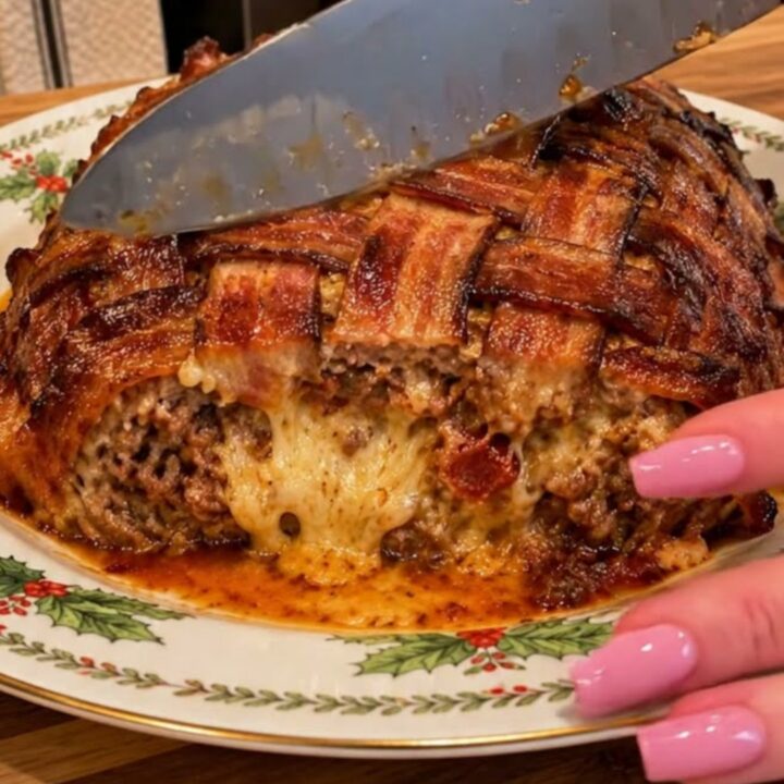 A golden-brown bacon-wrapped meatloaf on a festive holly-patterned plate with visible melted cheese.