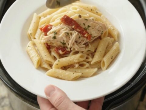 Slow cooker turkey breast in creamy mozzarella sun-dried tomato sauce, bubbling in the crockpot