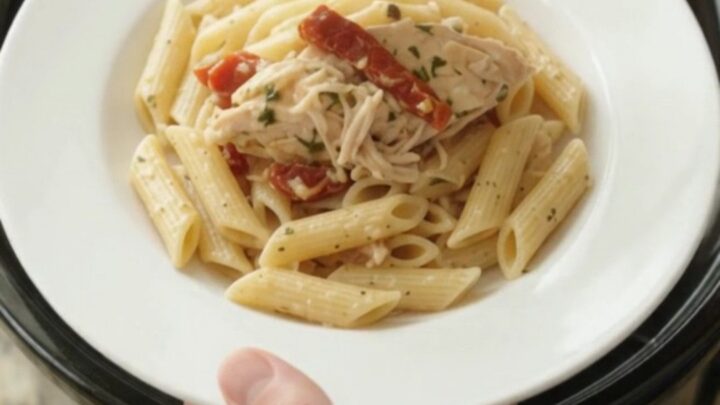 Slow cooker turkey breast in creamy mozzarella sun-dried tomato sauce, bubbling in the crockpot