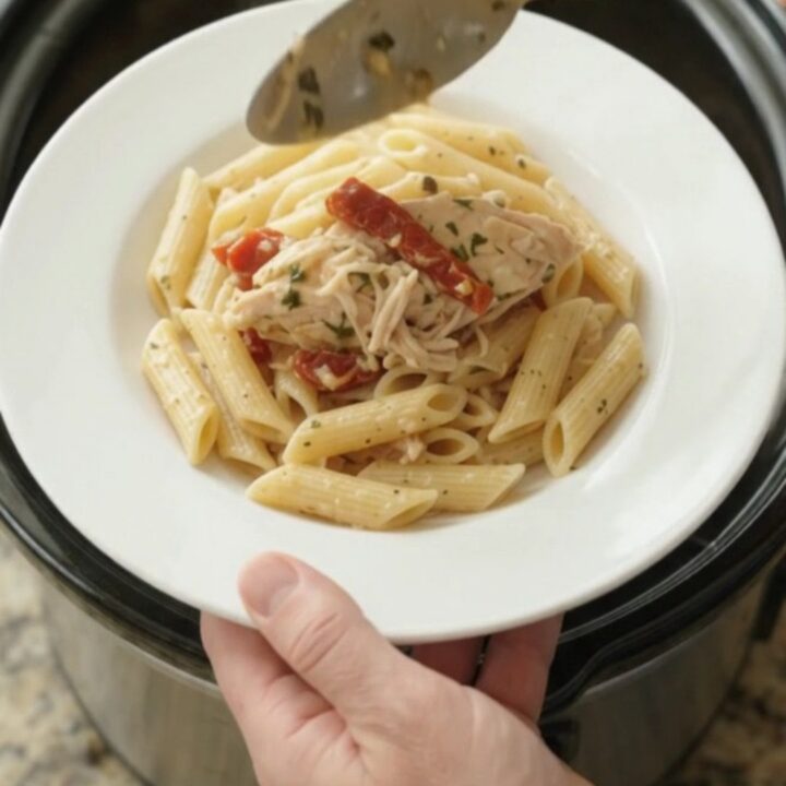 Slow cooker turkey breast in creamy mozzarella sun-dried tomato sauce, bubbling in the crockpot