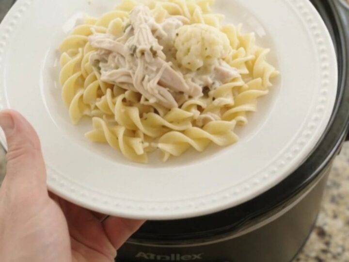 Slow cooker turkey and cauliflower in creamy Parmesan sauce, ready to serve.