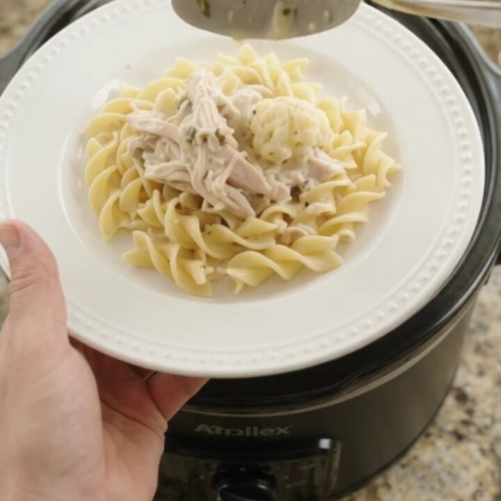 Slow cooker turkey and cauliflower in creamy Parmesan sauce, ready to serve.