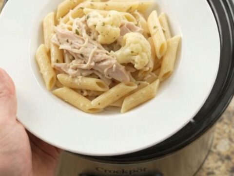 Slow cooker turkey breast with cauliflower and melted mozzarella in a creamy sauce