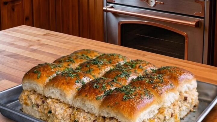 A close-up of cheesy chicken bacon sliders on a metal pan in a rustic kitchen.
