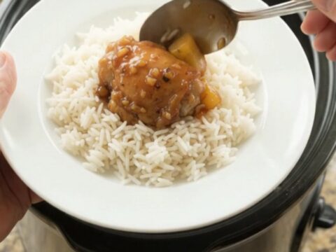 Slow cooker full of caramelized chicken thighs and pineapple chunks in a sticky glaze